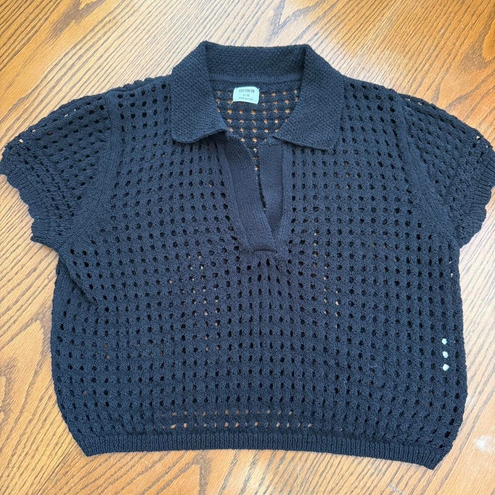cotton on women's black crochet knit polo shirt size large coastal old money
